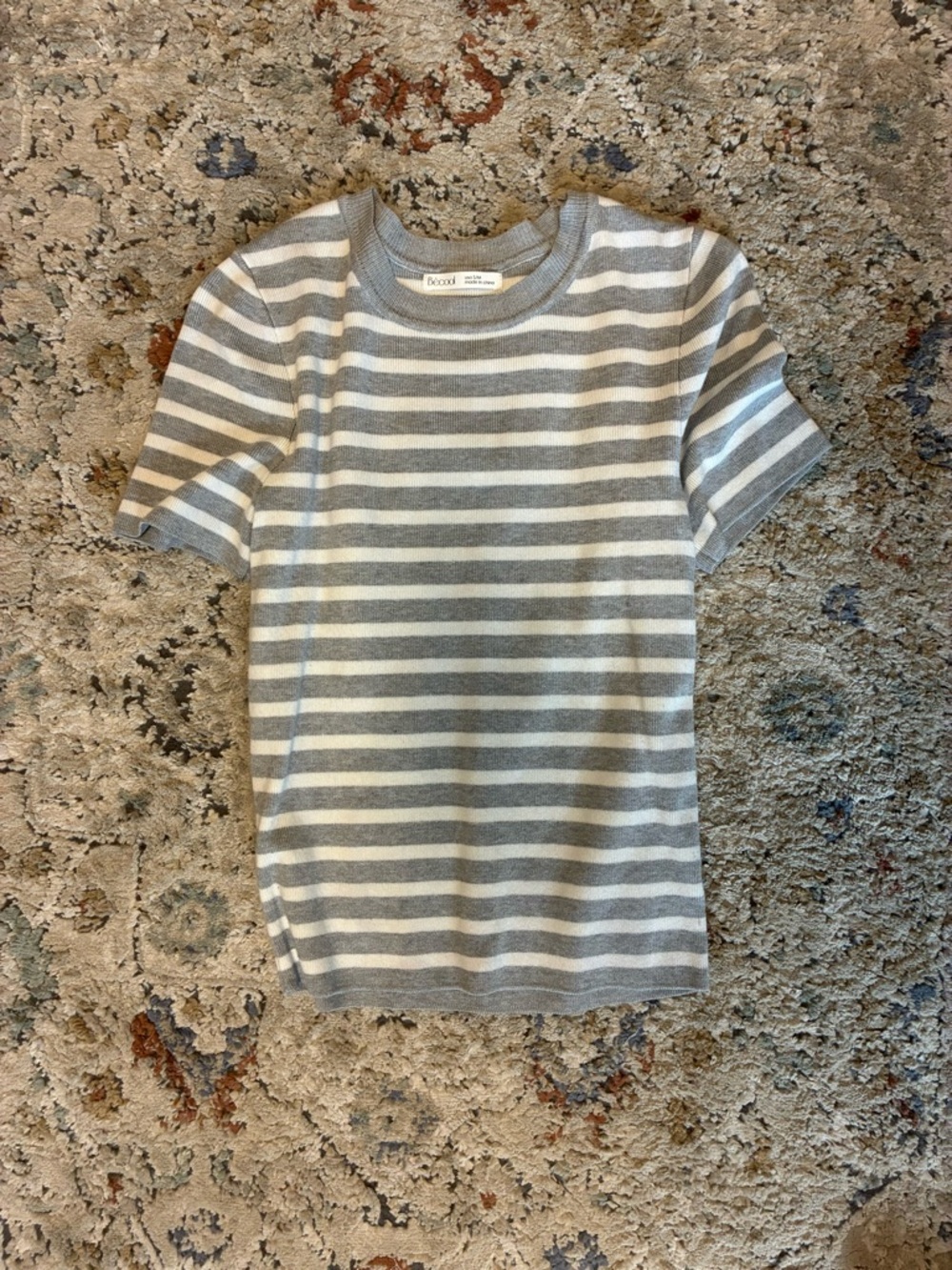 Boden Gray and White Striped Short-Sleeve Knit Tee